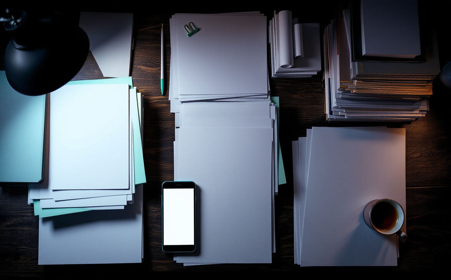 Vue de dessus d'un bureau sombre la nuit : plusieurs piles de documents vierges bien séparées, un téléphone, un trombone vert menthe et une tasse de thé sous une lampe.