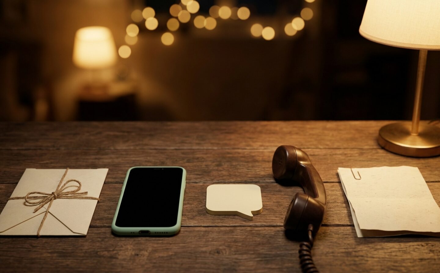 Une enveloppe ficelée, un téléphone à coque vert menthe, une bulle de papier, un vieux combiné de téléphone et une feuille manuscrite alignés sur une table en bois, le soir, sous une lampe.