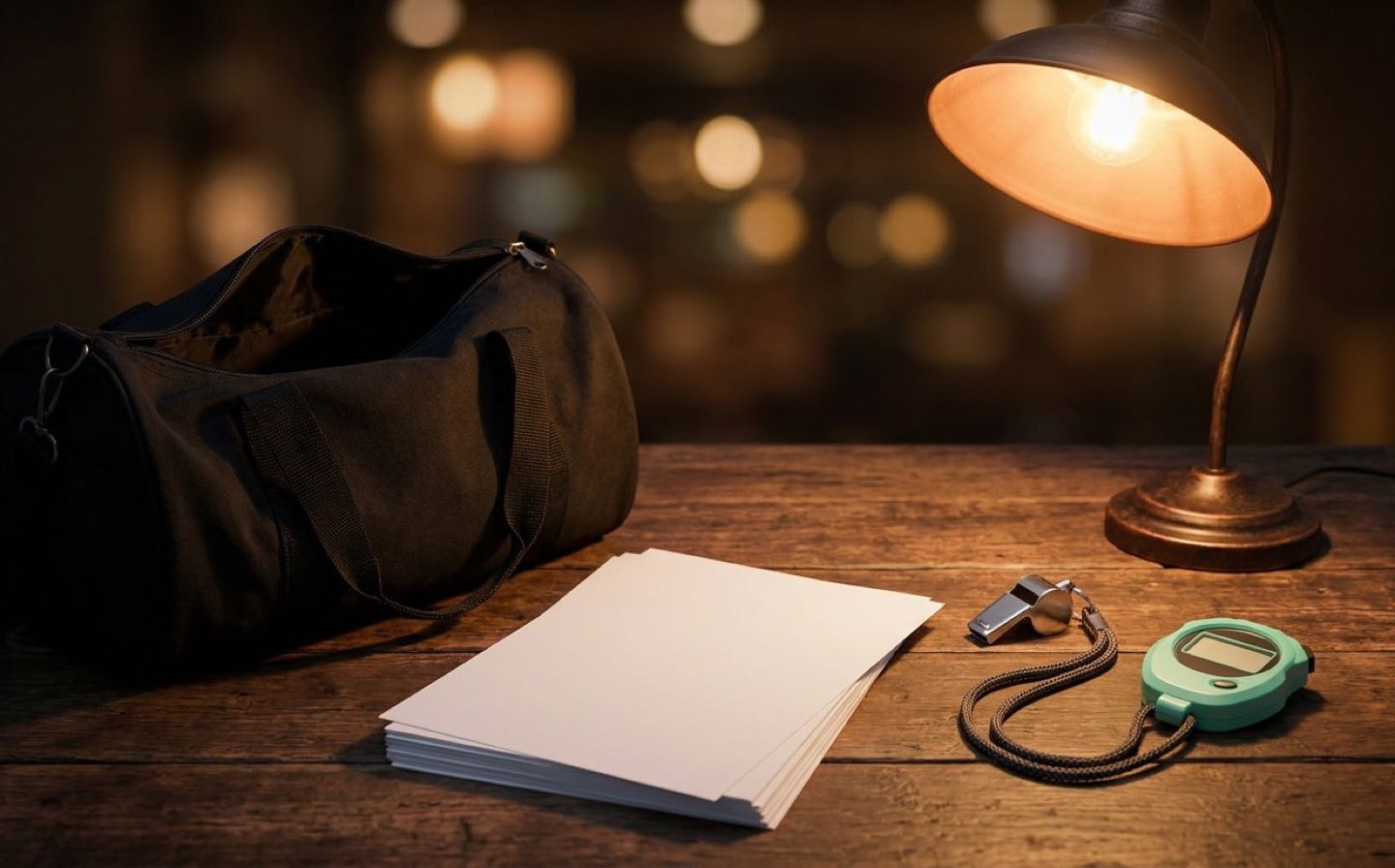 Un sac de sport posé sur une table sombre, à côté d'une pile de fiches vierges, d'un sifflet et d'un chronomètre vert menthe, sous la lumière d'une lampe.