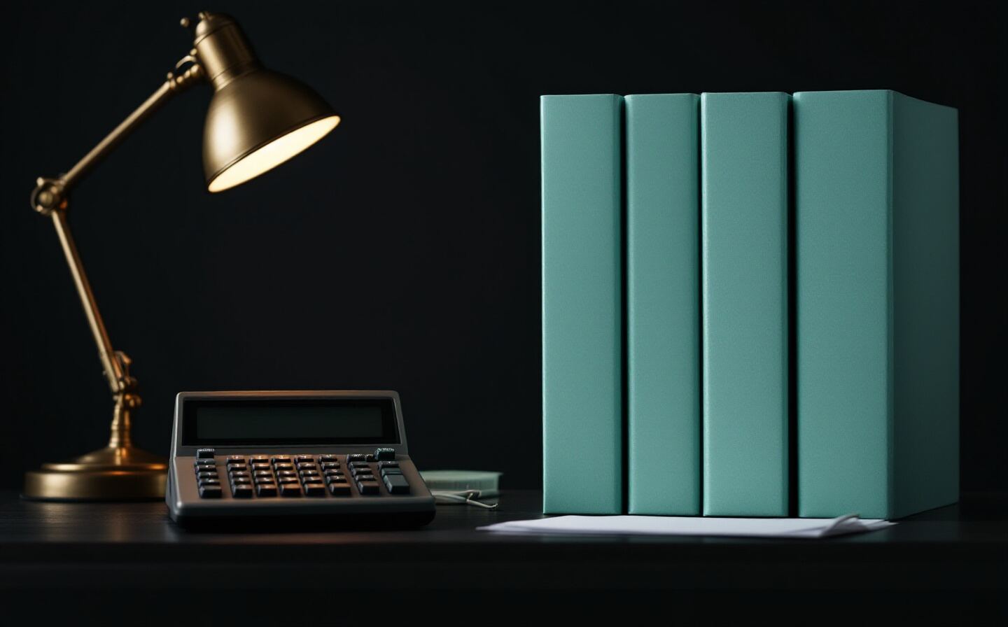 Quatre classeurs vert menthe alignés sur un bureau sombre, à côté d'une calculatrice et d'une lampe de bureau en laiton allumée.