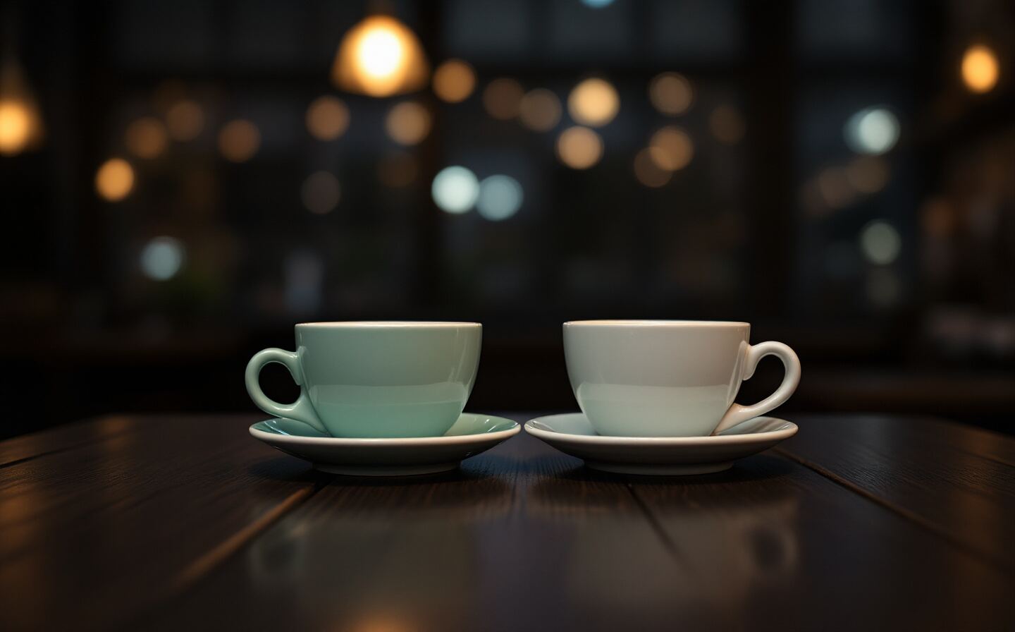 Deux tasses de café, l'une vert menthe, l'autre blanche, posées face à face sur une table en bois sombre, dans un café le soir.