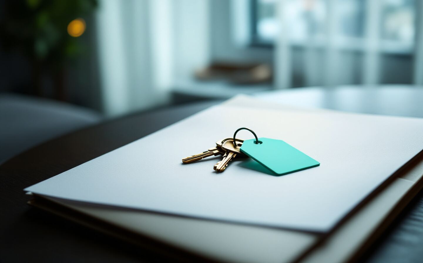 A bunch of keys with a mint green tag lying on a cardboard folder, in front of the blurred window of an apartment.