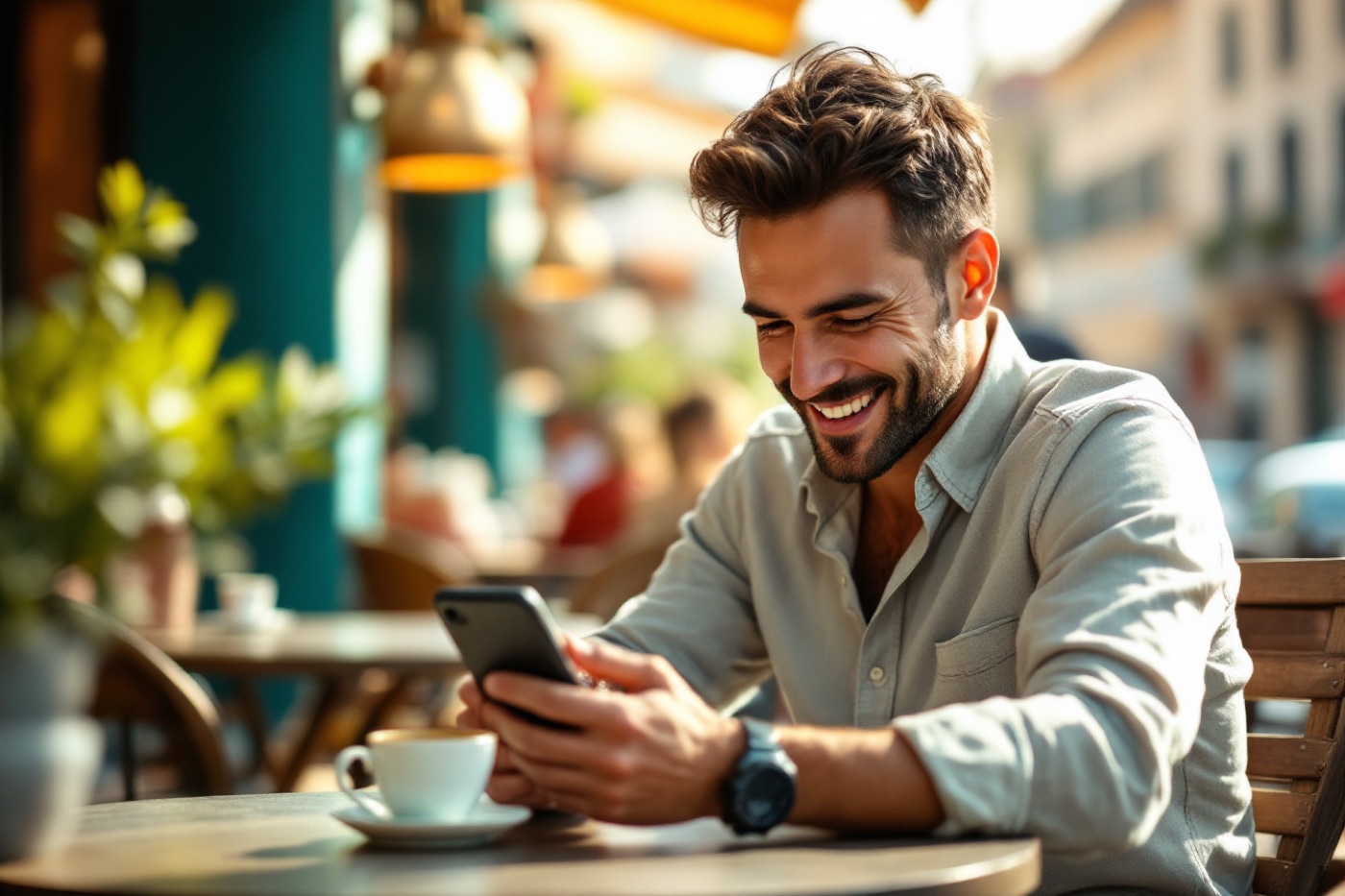 A relaxed man on a café terrace, coffee in hand, smiling at his phone