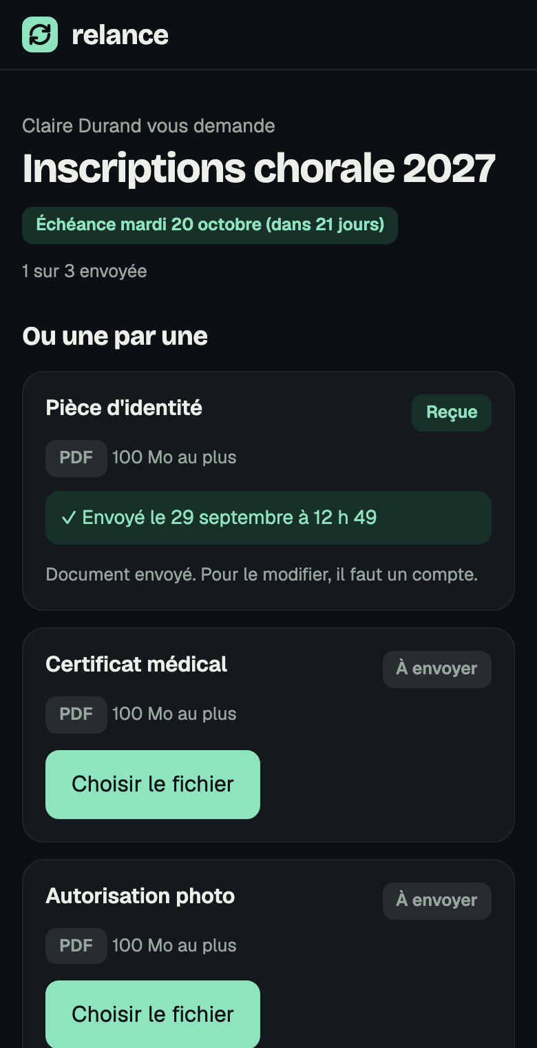The upload page on a phone: the requested documents and a button to send them