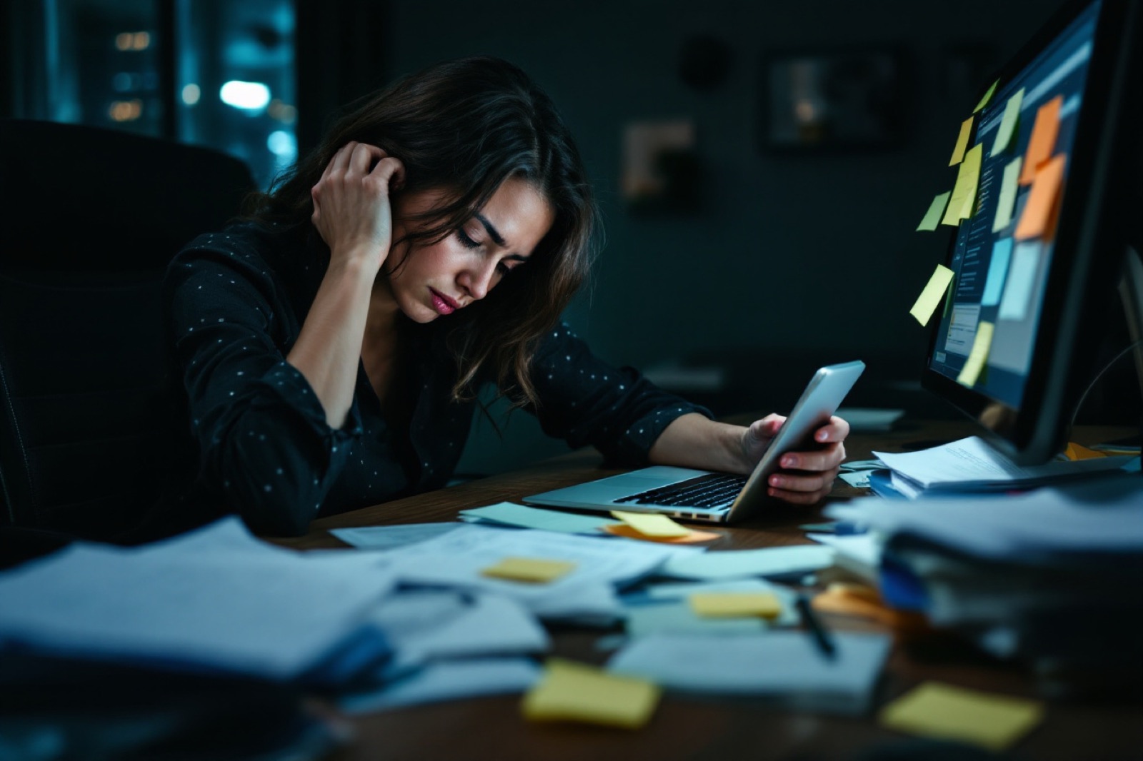 An exhausted woman at her desk late at night, phone in hand, surrounded by papers and sticky notes