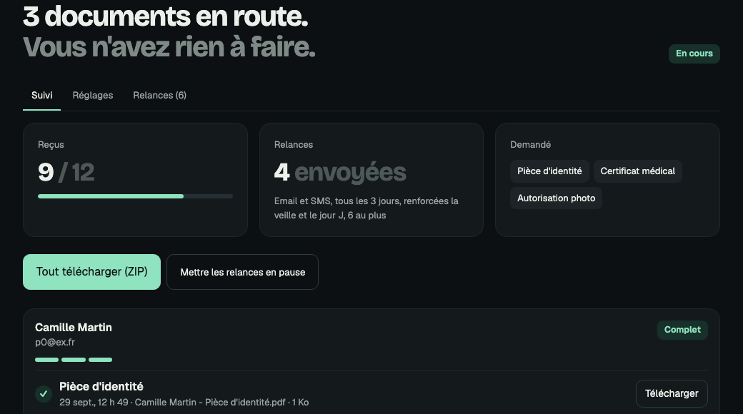 A project dashboard: 9 documents received out of 12, reminders sent, documents requested
