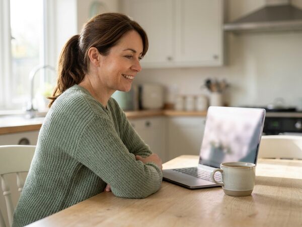 Lea, in her forties, with chestnut hair tied back and a sage green sweater, smiles at her laptop at her kitchen table, a mug beside it.