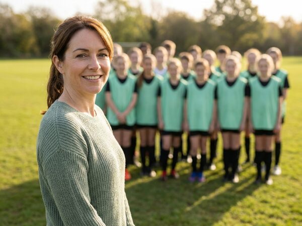 Lea smiles at the edge of a sports field, in front of the club's team wearing mint green bibs.