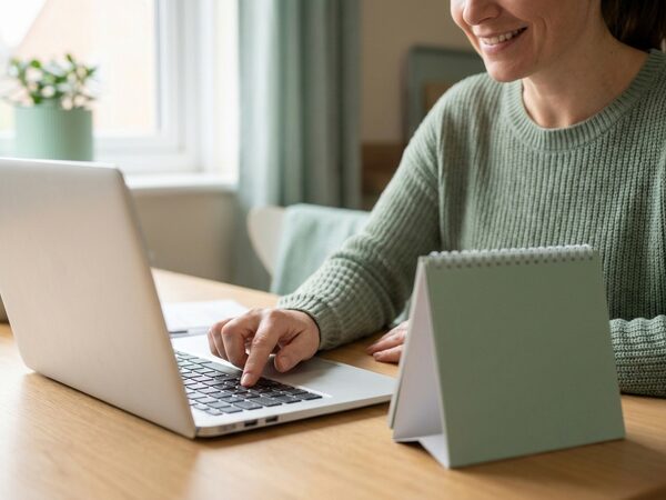 Lea's hand presses a key on her laptop; a small green desk calendar stands next to it.
