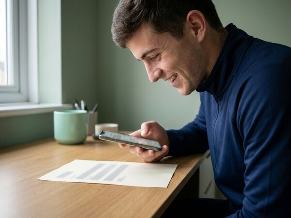 Tom smiles as he takes a photo of a sheet of paper on his desk with his phone.