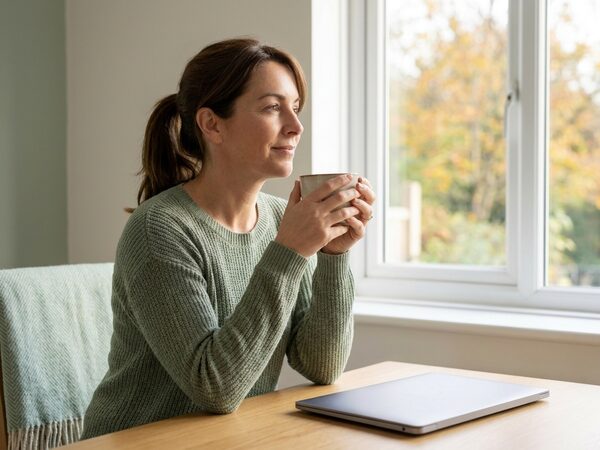 A year later, Lea drinks a coffee by the window, serene, her laptop closed on the table.