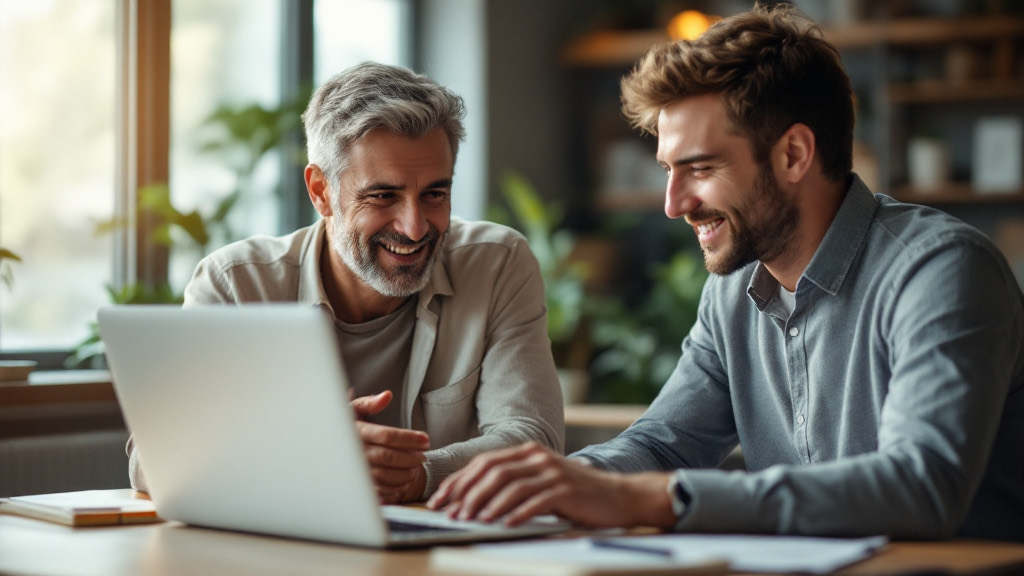 Two colleagues look at a screen together and smile