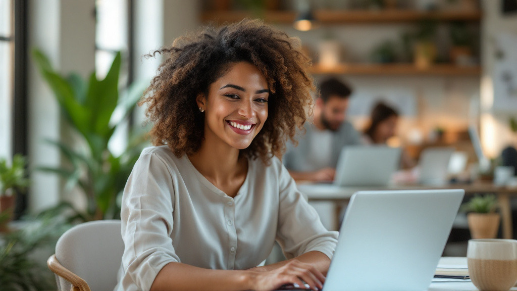 A manager smiles at her laptop while colleagues work behind her