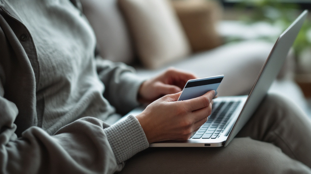 A person pays online with their bank card, laptop on their lap