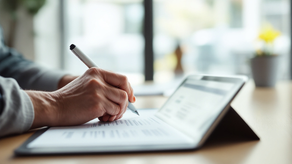 A hand signs a document on a tablet with a stylus
