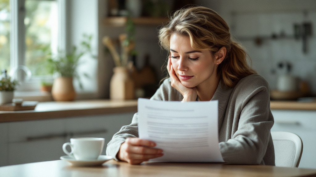A woman calmly reads a document at her table, a cup of tea beside her